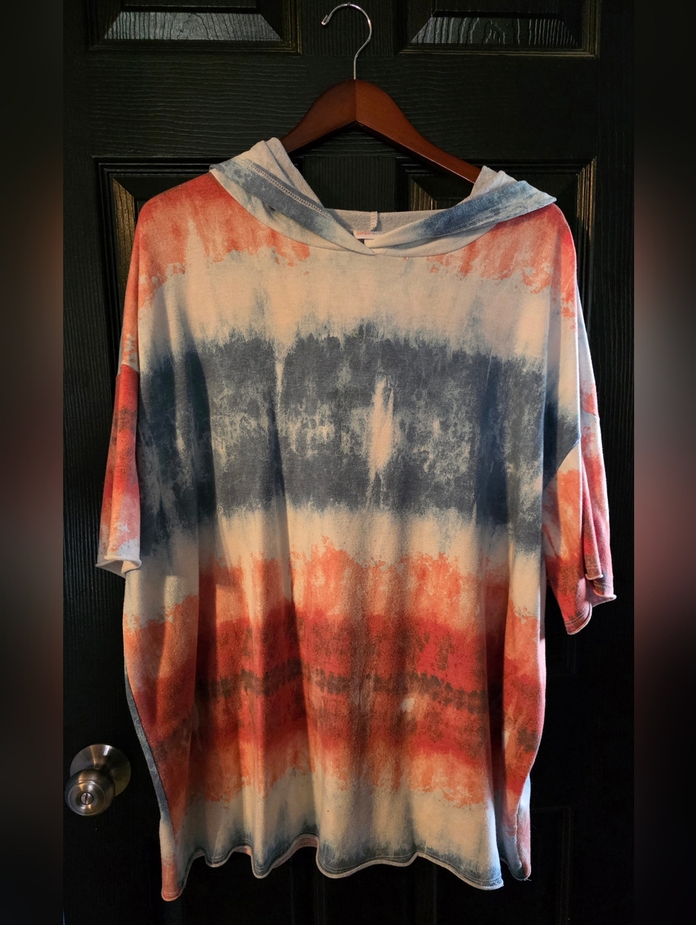 LuLaRoe Tie-Dye Hooded Short-Sleeve Tunic Top - Red, Blue, White
